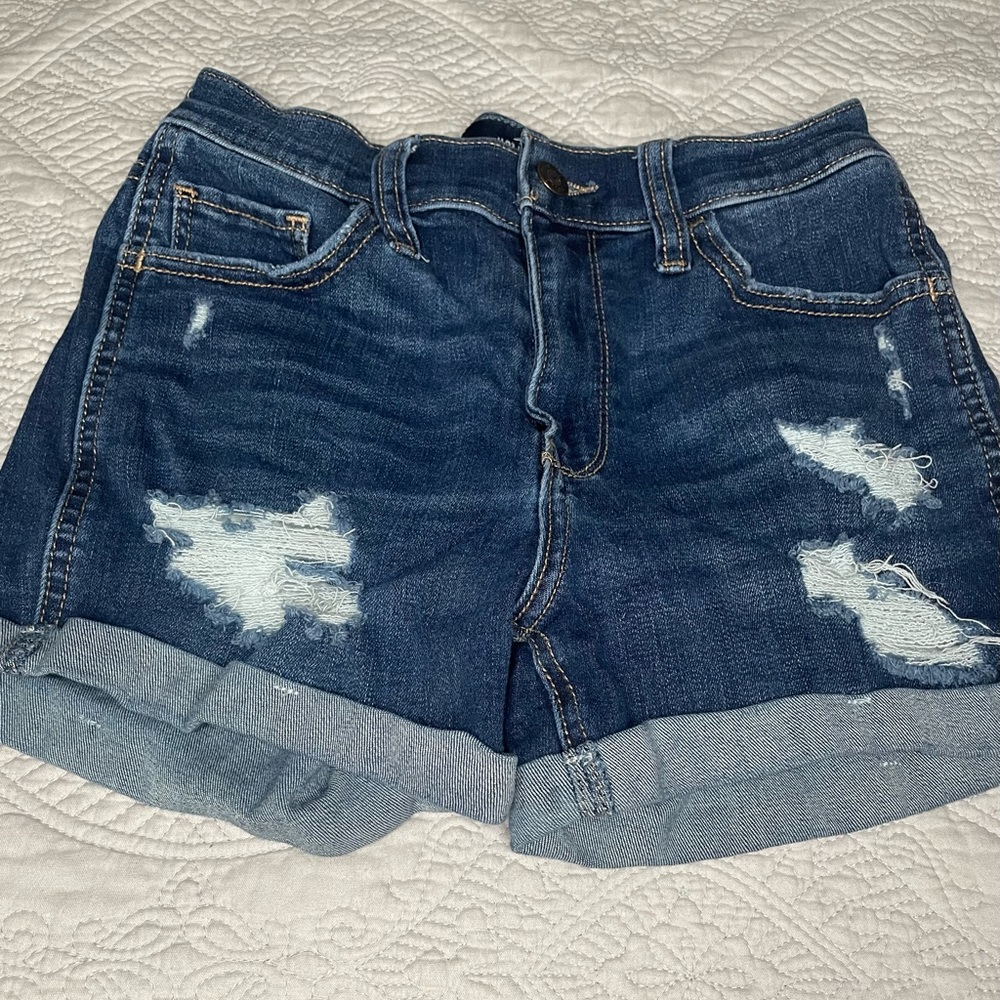 High-rise ripped dark wash denim shorts